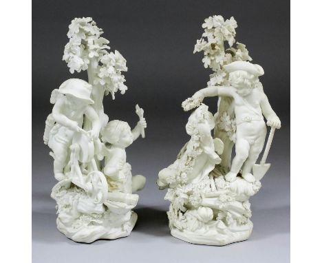 Two Derby biscuit porcelain groups of "The Elements", both modelled as winged putti, -  "Fire" grinding an arrow, his compani