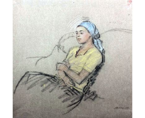 Jehan Daly (1918-2001) - Pastel on grey paper - Portrait of a seated woman wearing a blue headscarf, 9.5ins x 10ins, signed (