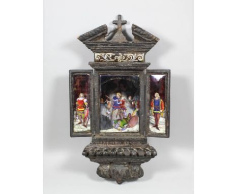 A French carved wood and enamel triptych depicting King John II at the Battle of Poitiers 1356, contained in case of architec
