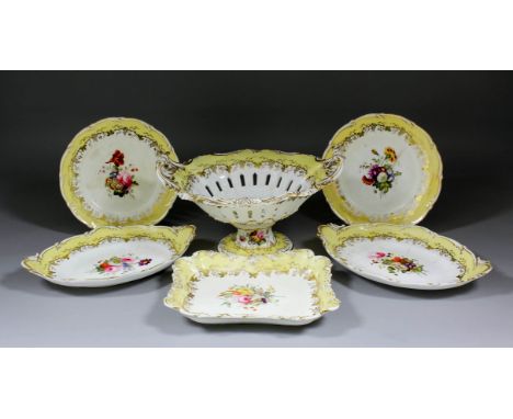 A 19th Century English bone china part dessert service, the centre enamelled in colours with floral sprays within yellow and 
