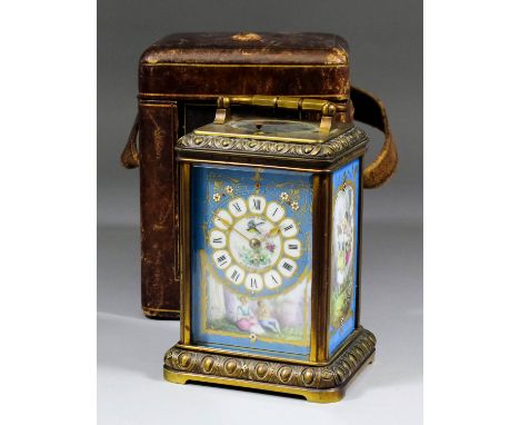 A late 19th Century French carriage clock possibly Jules Brunelot of Paris, the turquoise and gilt decorated porcelain dial s