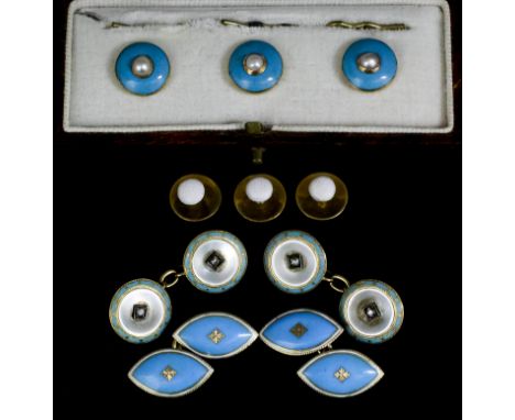 A pair of early 20th Century gentleman's gold coloured metal mounted mother of pearl enamel and diamond set cufflinks, the ci