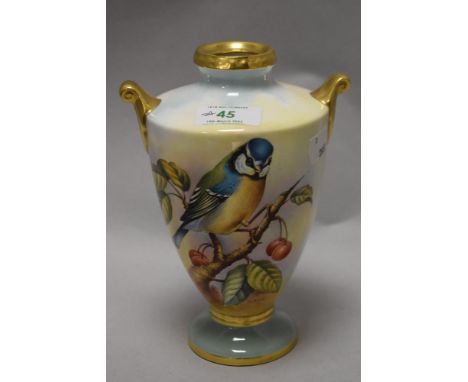 A 1960s Aynsley fine Art collection vase, with narrow neckline and two handles heightened with gilt, having blue and yellow g