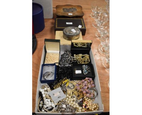 A selection of modern costume jewellery, A plated trinket box and an early 20th century treen box.