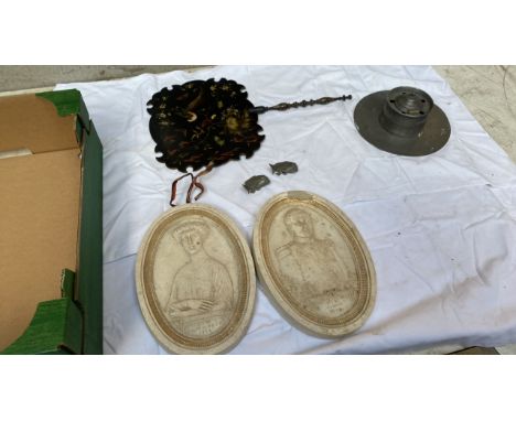  Sale Item:    BOX-PEWTER INKWELL FAN &amp; 2 PLAQUES  ETC (AF)  Vat Status:   No Vat   Buyers Premium:  This lot is subject 