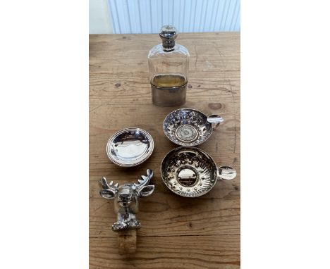  Sale Item:    SILVER HIP FLASK 3 WHITE METAL TASTEVINS &amp; STAG STOPPER (AF)  Vat Status:   No Vat   Buyers Premium:  This