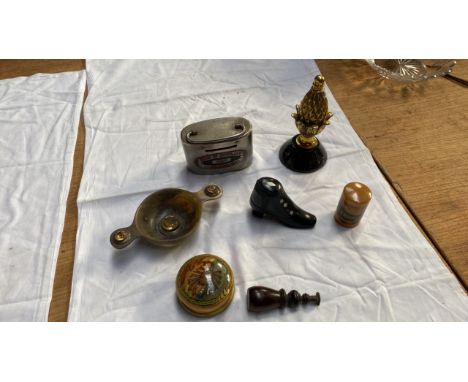  Sale Item:    BOX-PAPERWEIGHT MAUCHLINE WARE SNUFF BOOT BANK &amp; QUAICH  Vat Status:   No Vat   Buyers Premium:  This lot 