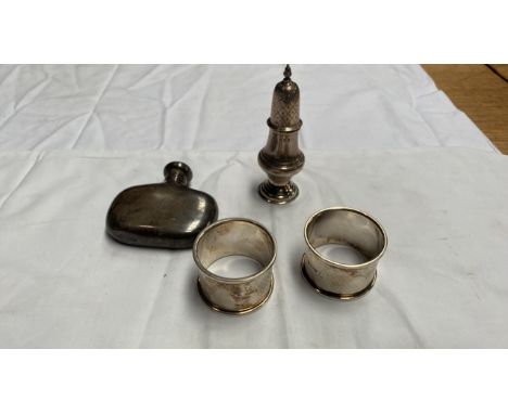  Sale Item:    SILVER NAPKIN RINGS, PEPPER POT, HIP FLASK  Vat Status:   No Vat   Buyers Premium:  This lot is subject to a B