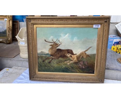  Sale Item:    OIL PAINTING STAG &amp; HOUND BY T HENTON (FRAME AF)  Vat Status:   No Vat   Buyers Premium:  This lot is subj