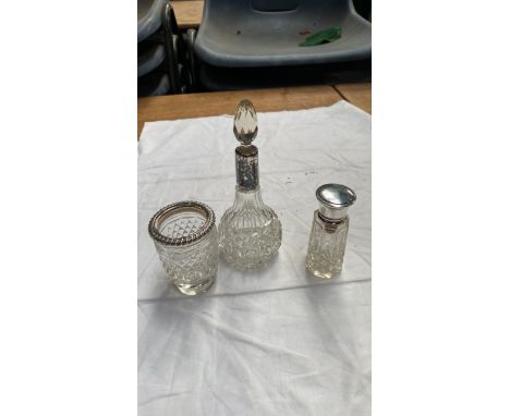  Sale Item:    3 PCS SILVER &amp; GLASS BOTTLES ETC   Vat Status:   No Vat   Buyers Premium:  This lot is subject to a Buyers