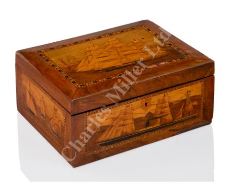 A GOOD MARINE MARQUETRY WORK BOX, CIRCA 1880, the lid and sides depicting busy sailing and yachting scenes, internal fitted t