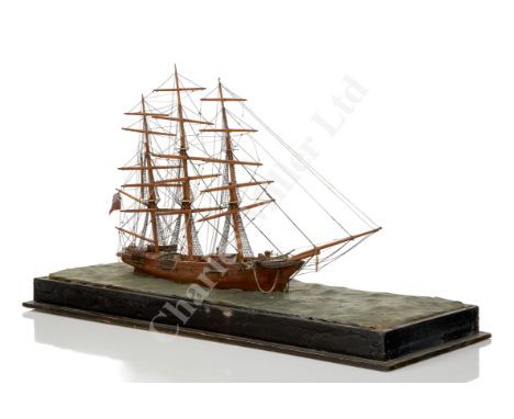 A SAILOR'S WATERLINE MODEL FOR A THREE-MASTED SHIP OF CIRCA 1890, the carved hull with simple fittings, masts, standing and r