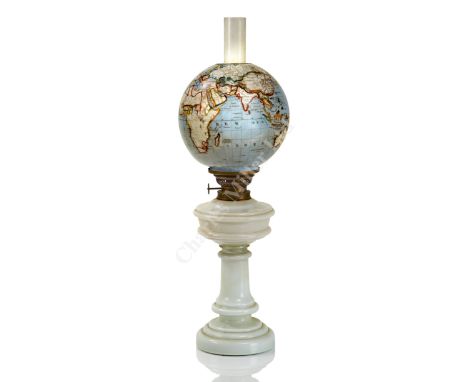 A RARE 19TH CENTURY FRENCH GLASS OIL LAMP GLOBE, the 7in. coloured glass globe inscribed and numbered Brevet d'Invention numb