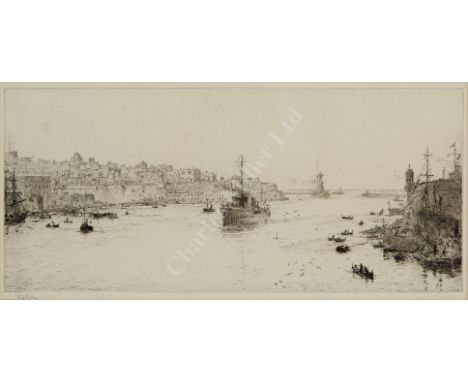 WILLIAM LIONEL WYLLIE (BRITISH, 1851-1931)  A Destroyer Entering The Grand Harbour, Valletta, Malta, circa 1913, Signed 'W.L.