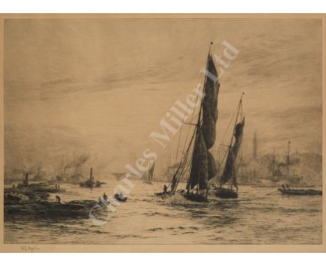 WILLIAM LIONEL WYLLIE (BRITISH, 1851-1931)  Thames Sailing Barges and Other Shipping in the Pool of London, with London Bridg