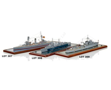 A 1:200 SCALE WATERLINE MODEL OF THE SPANISH BATTLESHIP ESPANA AS FITTED IN 1937, modelled by E. Dyke with carved laminated h