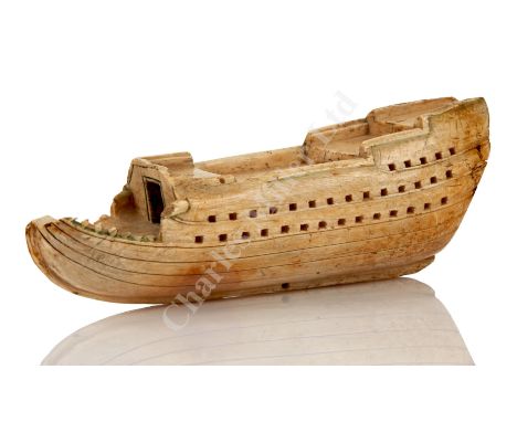 Ø AN UNUSUAL AND RARE MARINE IVORY MODEL OF A MAN-O-WAR, POSSIBLY SAILORWORK, THIRD QUARTER 17TH CENTURY, carved from the sol