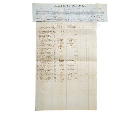 A NEW YORK SHIP'S MANIFEST FOR GREAT EASTERN, 29 JUNE, 1864, annotated official header signed by the master (John Vince Hall)