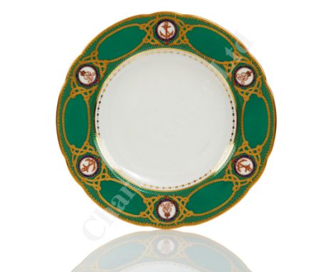 A GREEN PATTERN PLATE FROM THE ROYAL YACHT, CIRCA 1910, with devices for George V and maker's mark to reverse for Spode Copel