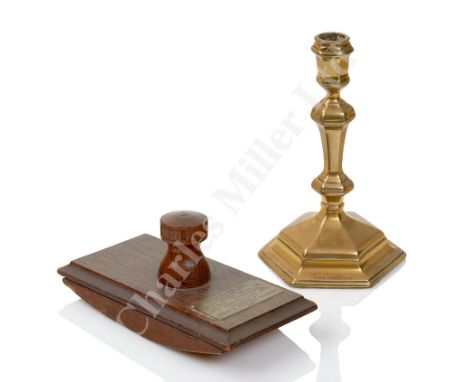 A DESK BLOTTER MADE FROM TREEN RECOVERED FROM JACK CORNWALL V.C.'S SHIP H.M.S. CHESTER, the capstan shaped handle threaded to