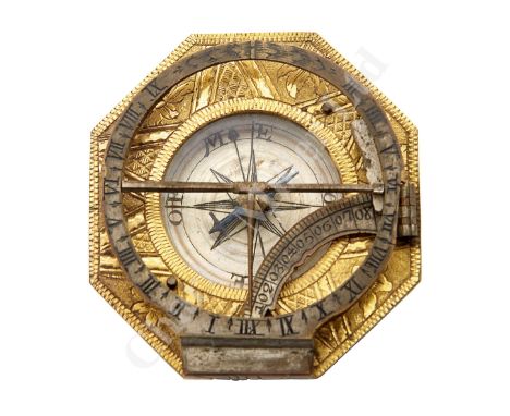 AN EARLY 18TH-CENTURY VOGLER-TYPE POCKET DIAL, unsigned, with 1in. silvered dial, blued needle, decorative embossed rim with 