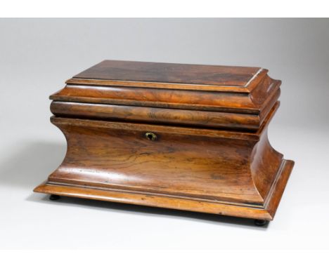 A William IV rosewood two division tea caddy of sarcophagus shape with incurved sides, 16.25ins wide x 10ins deep x 8.75ins h