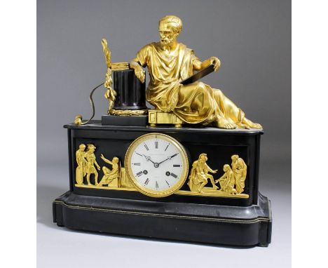 A 19th Century Continental black slate and ormolu mounted mantel clock by Aubert & Klaftenberger of Geneva, No. 2047, the 3.7