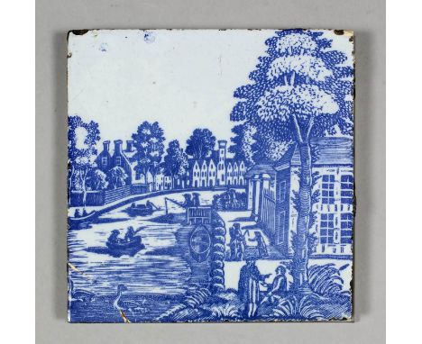 An 18th Century English Sadler & Green Delft tile with blue wood block printed design of a canal scene in Holland, 5ins squar