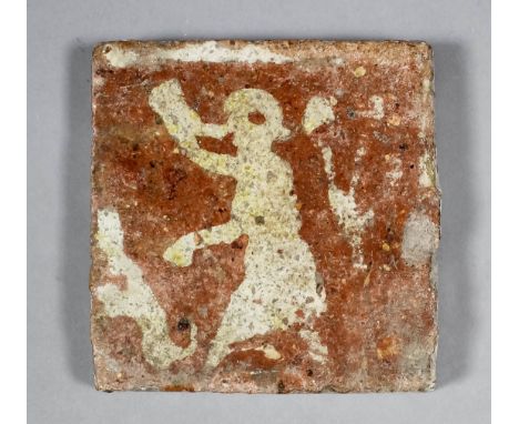 A French Medieval encaustic tile decorated with a white slip inlay of a huntsman blowing his horn and with a dog, 4ins square