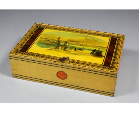 A Victorian painted as rosewood and Tunbridge ware rectangular box, the lid with coloured print of "Ramsgate Harbour", 8.5ins