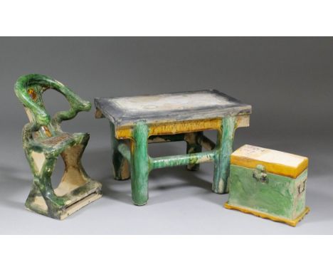 A Chinese pottery model of a chest 5.25ins x 3ins x 4ins high, (Ming Dynasty) a ditto model of a table, 10ins x 6.75ins x 6.5