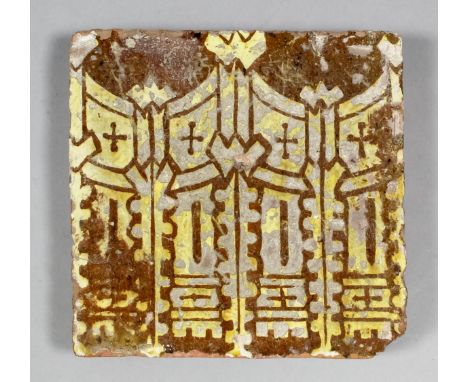 An English Medieval encaustic tile decorated with a white slip inlay of architectural canopies from Great Malvern Priory Chur