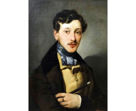 A. Cippiani (?) (19th Century School) - Oil painting - Shoulder length portrait of a gentleman with moustache wearing a blue 