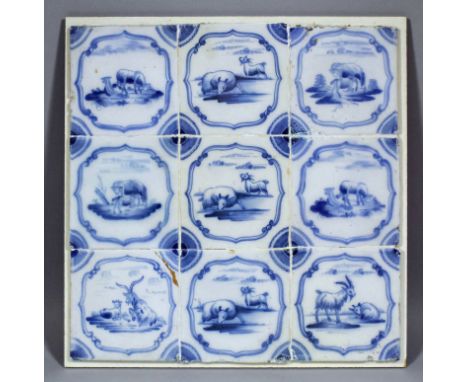 A rare set of nine 18th Century English blue and white Delft tiles painted with sheep and goats, with barbed medallion surrou