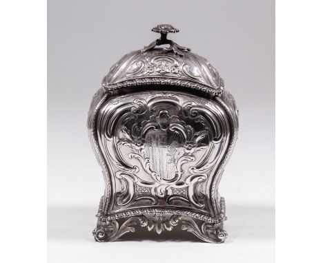 A good early George III silver rectangular tea caddy and cover of bombe outline, the whole boldly embossed and chased with ce
