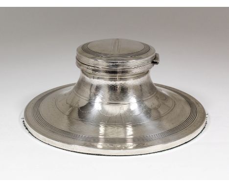 A large George V silver capstan pattern inkwell with reeded ornament, bands of engine turned ornament and swags, 10ins diamet