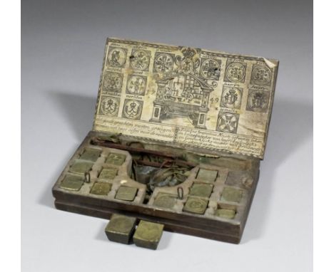 A pair of  mid 18th Century coin balance scales by Jacobus Nusts, Antwerp, with eighteen matching cast brass weights, and bea
