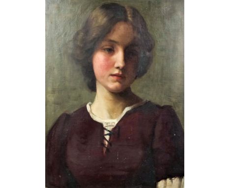 20th Century Continental School - Shoulder length portrait of a young woman wearing a scarlet dress, canvas 19.75ins x 15ins,