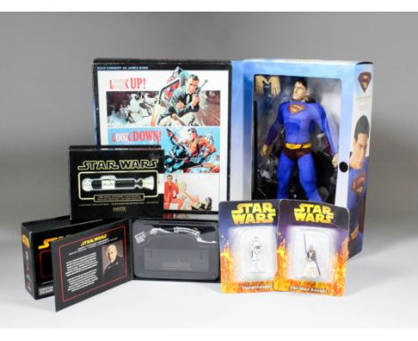 A collection of boxed "Star Wars" light sabres by Master Replicas for "Obi Wan Kenobi", "Darth Tyranus" and "Yoda", four smal