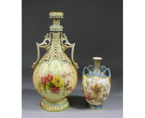 A large late 19th Century Royal Worcester bone china "Blush Ivory" two-handled vase, the neck with moulded and reticulated de