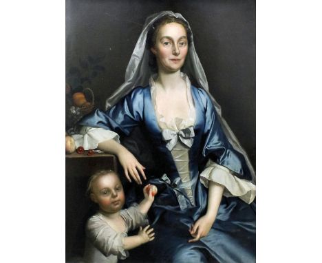 Studio of Joseph Highmore (1692-1780) - Oil painting - Half length portrait of a young woman in blue dress with a child offer
