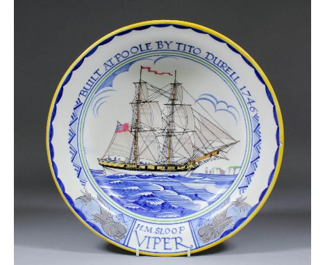 A large Poole pottery dish, the centre with a design by Arthur Bradbury of The Sloop "Viper", the rim inscribed "H.M. Sloop V