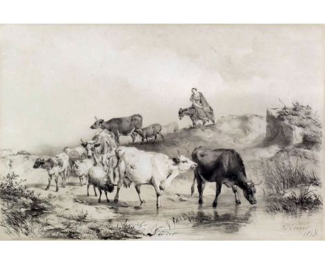Thomas Sidney Cooper (1803-1902) - Lithograph - Study of cattle and sheep at a watering hole, 12ins x 17.75ins, with printed 