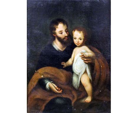 Manner of Murillo (1618-1682) - Oil painting - Portrait of Joseph and the Infant Jesus, canvas 34ins x 26ins, in gilt moulded