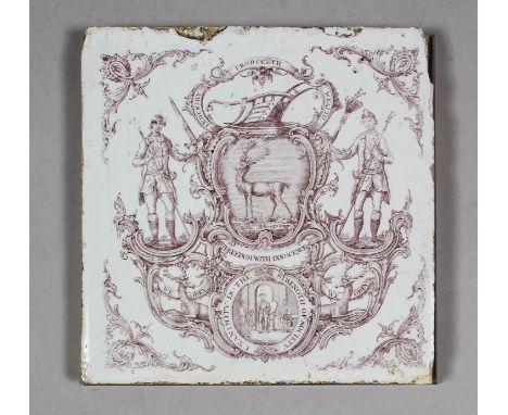 An 18th Century English Sadler & Green copper printed tile with "The Society of Bucks" in lilac,5ins square (Liverpool 1758-1