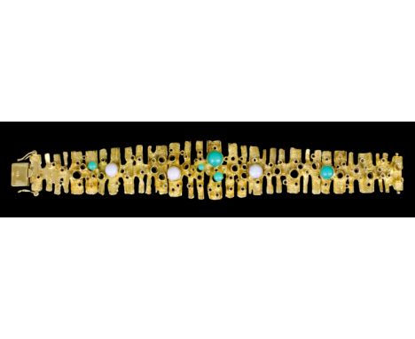 A 1960's Relo 14K gold "Modernist" chrysoprase and opal set bark pattern bracelet, 175mm x 28mm overall (gross weight 51 gram