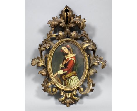 19th Century Italian School - Oil painting - Three quarters length portrait of a young woman in regional costume, oval metal 