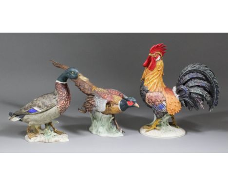 Three Goebel pottery figures of birds - "Pheasant", 10.25ins high, "Mallard", 7ins high and "Rooster", 13.75ins high