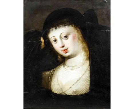 Dutch/Flemish School (17th Century) - Oil painting - Shoulder length portrait of a young woman wearing a dark headpiece, oak 