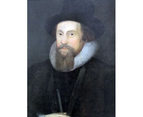 English School (16th Century) - Oil painting - Shoulder length portrait of Thomas Culpepper wearing a tall hat and ruff, oak 